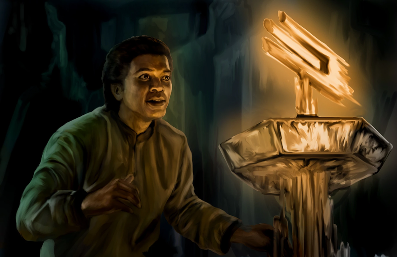 Lando finds the aforementioned Mindharp in a painting created for Del Rey’s The Essential Readers Companion.